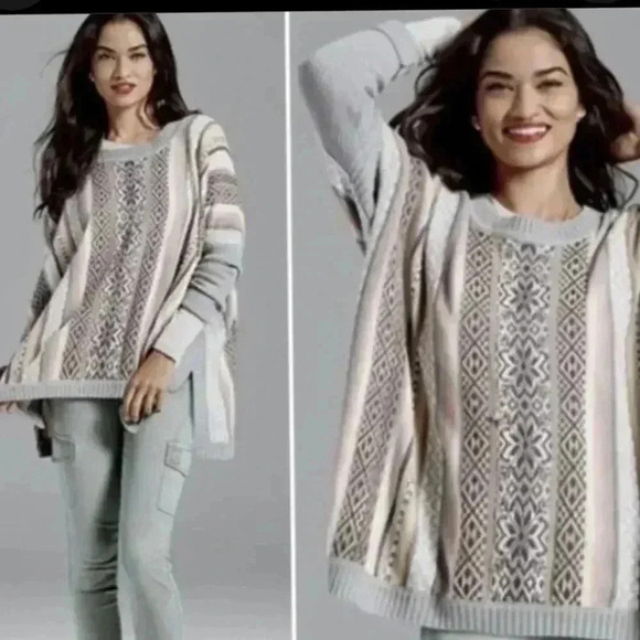 CAbi Fair Isle Poncho Sweater 3121 Knit Long Sweater Boxy Nordic Gray - Picture 3 of 4